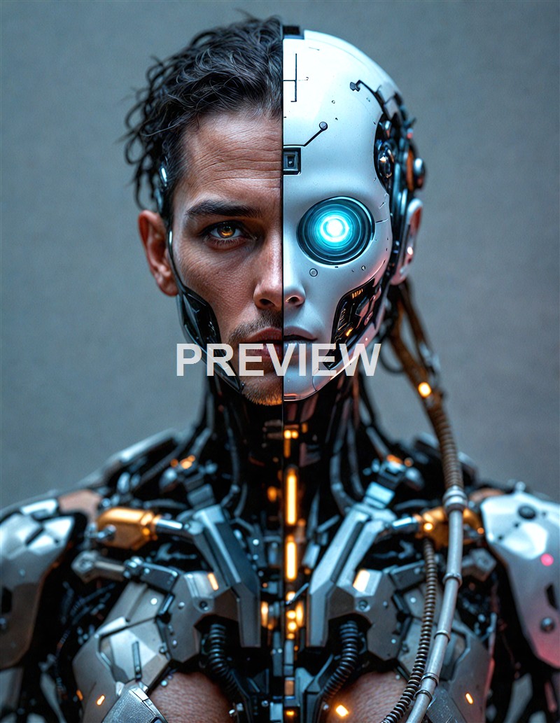 A person with half of their face and body covered by advanced robotic and cybernetic enhancements, blending human features with high-tech machinery.